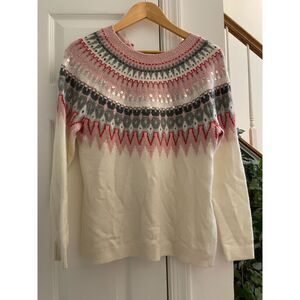 Talbots Petite Fair Isle Sweater Pink Gray Sequin Wool Blend Pullover LP